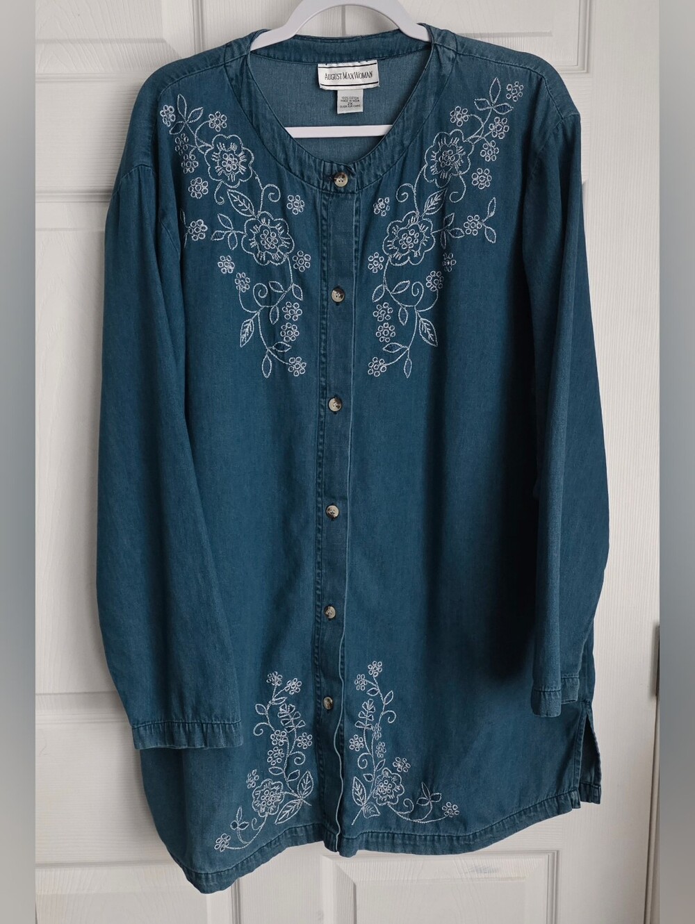 Vintage Floral Embroidered Denim Tunic Top Size 2X Cottagecore